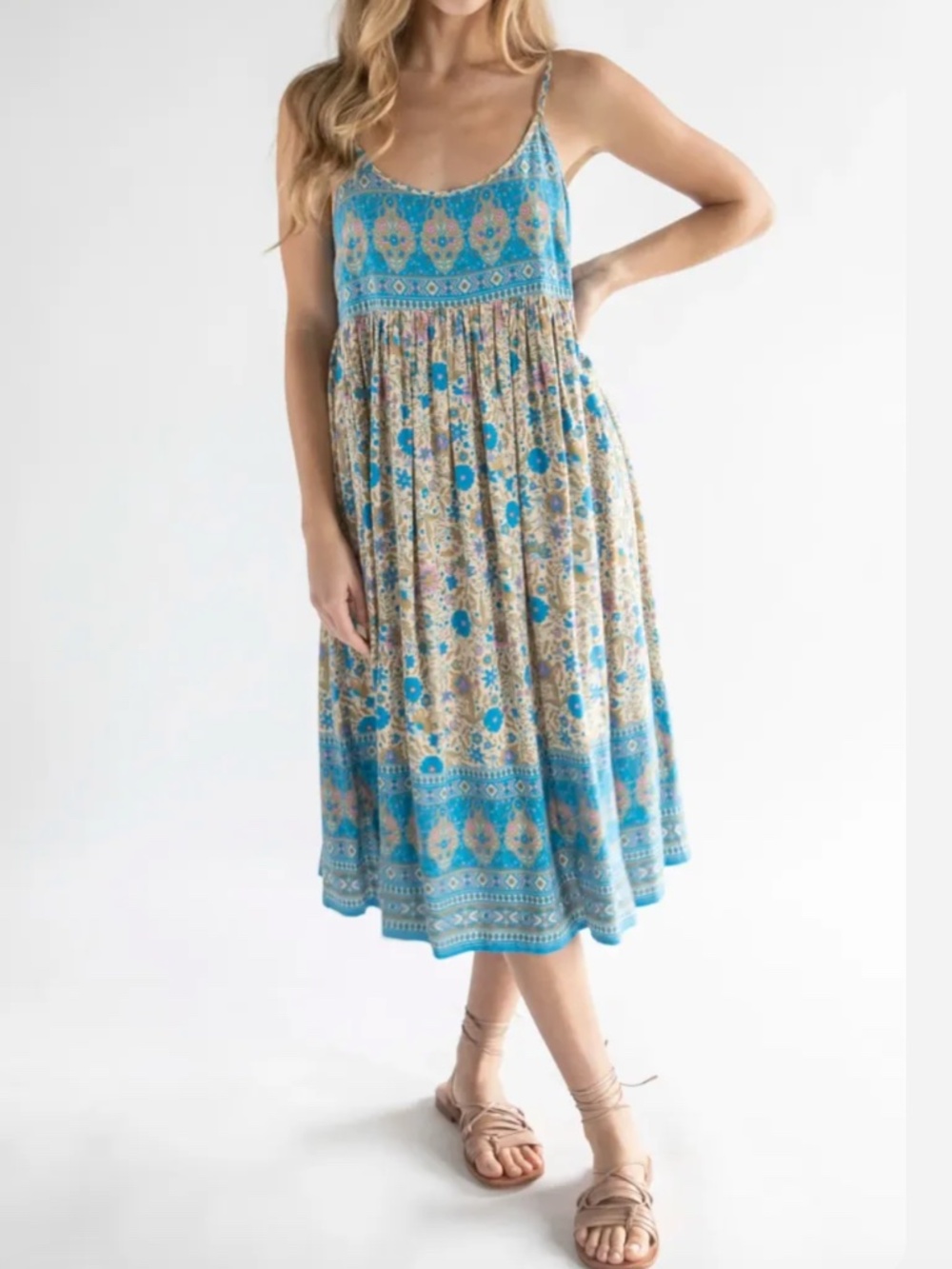 Natural Life Beautiful Blues Gigi Midi Dress XL Boho Sundress Colorful Beachy